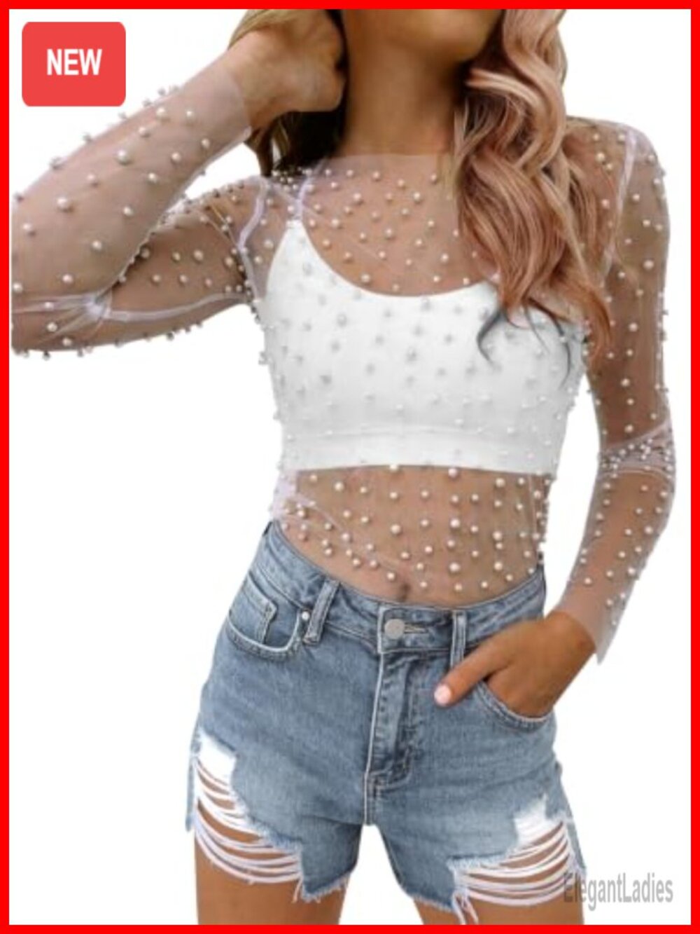 Pearl Mesh Crop Top Sheer Rhinestone Long Sleeve Tee